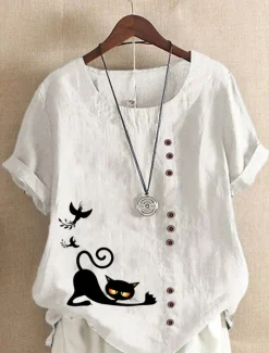 New Women's Cotton Linen Shirts Animal Cat Elegant Vintage Tropical Short Sleeve Crew Neck Regular Tops Daily Holiday Vacation Wear Buttons Grass Green White Yellow Army Green Navy Blue Summer Spring Women Shirts