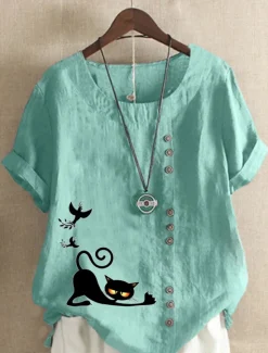 New Women's Cotton Linen Shirts Animal Cat Elegant Vintage Tropical Short Sleeve Crew Neck Regular Tops Daily Holiday Vacation Wear Buttons Grass Green White Yellow Army Green Navy Blue Summer Spring Women Shirts