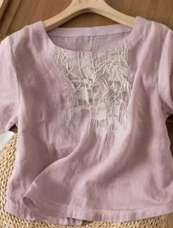 Women's Cotton Linen Shirts Solid Color Elegant Stylish Basic Short Sleeve Crew Neck Regular Tops Daily Embroidered Pink Purple Apricot Summer Spring Women Shirts
