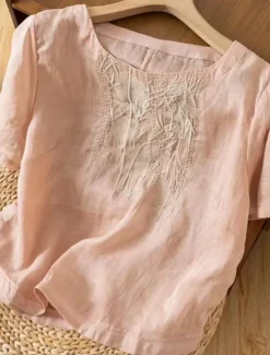 Women's Cotton Linen Shirts Solid Color Elegant Stylish Basic Short Sleeve Crew Neck Regular Tops Daily Embroidered Pink Purple Apricot Summer Spring Women Shirts