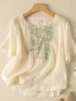 Women's Cotton Linen Shirts Solid Color Elegant Stylish Basic Short Sleeve Crew Neck Regular Tops Daily Embroidered Pink Purple Apricot Summer Spring Women Shirts