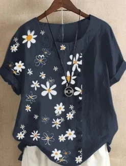Online Women's Cotton Linen Shirts Floral Basic Casual Short Sleeve Crew Neck Regular Tops Daily Embroidered Navy Blue Green Light Blue Summer Spring Women Shirts