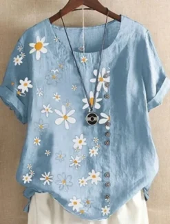Online Women's Cotton Linen Shirts Floral Basic Casual Short Sleeve Crew Neck Regular Tops Daily Embroidered Navy Blue Green Light Blue Summer Spring Women Shirts