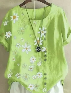 Online Women's Cotton Linen Shirts Floral Basic Casual Short Sleeve Crew Neck Regular Tops Daily Embroidered Navy Blue Green Light Blue Summer Spring Women Shirts