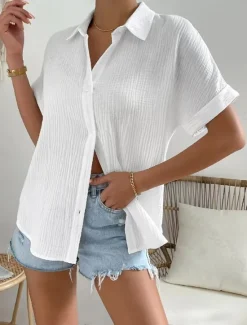 Sale Women's Cotton Linen Shirt Blouse Solid Color Elegant Casual Short Sleeve Shirt Collar Regular Tops Daily Holiday Buttons Summer Spring Women Shirts