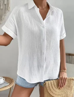 Sale Women's Cotton Linen Shirt Blouse Solid Color Elegant Casual Short Sleeve Shirt Collar Regular Tops Daily Holiday Buttons Summer Spring Women Shirts
