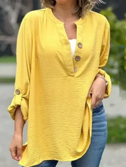 Sale Women's Cotton Linen Shirts Solid Color Basic Casual Long Sleeve Crew Neck Regular Tops Daily Buttons Yellow Pink Blue Summer Fall Women Shirts