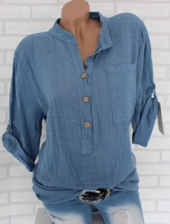 Women's Cotton Linen Shirts Solid Color Stylish Casual Long Sleeve V Neck Regular Tops Daily Buttons White Pink Red Blue Gray Summer Spring Women Shirts