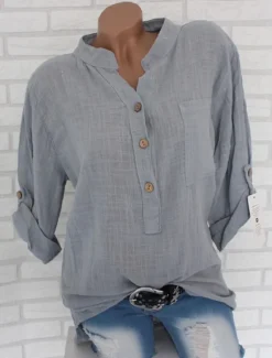 Women's Cotton Linen Shirts Solid Color Stylish Casual Long Sleeve V Neck Regular Tops Daily Buttons White Pink Red Blue Gray Summer Spring Women Shirts