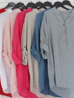 Women's Cotton Linen Shirts Solid Color Stylish Casual Long Sleeve V Neck Regular Tops Daily Buttons White Pink Red Blue Gray Summer Spring Women Shirts