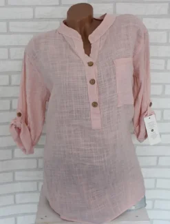 Women's Cotton Linen Shirts Solid Color Stylish Casual Long Sleeve V Neck Regular Tops Daily Buttons White Pink Red Blue Gray Summer Spring Women Shirts