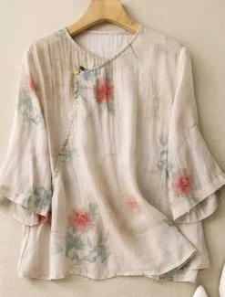 New Women's Cotton Linen Shirts Floral Casual 3/4 Length Sleeve Crew Neck Regular Tops Daily Buttons Print Yellow Pink Green Summer Women Shirts