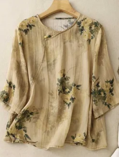 New Women's Cotton Linen Shirts Floral Casual 3/4 Length Sleeve Crew Neck Regular Tops Daily Buttons Print Yellow Pink Green Summer Women Shirts