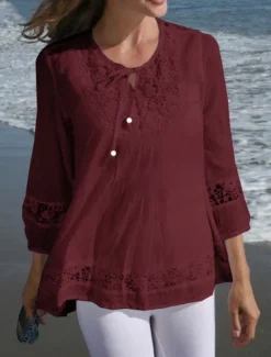 Sale Women's Cotton Linen Shirts Solid Color Stylish Casual 3/4 Length Sleeve V Neck Regular Tops Daily Lace Patchwork Black White Wine Navy Blue Summer Spring Women Shirts