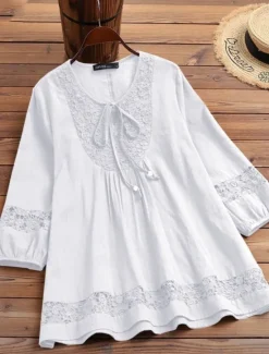 Sale Women's Cotton Linen Shirts Solid Color Stylish Casual 3/4 Length Sleeve V Neck Regular Tops Daily Lace Patchwork Black White Wine Navy Blue Summer Spring Women Shirts
