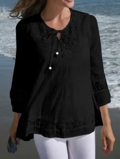 Sale Women's Cotton Linen Shirts Solid Color Stylish Casual 3/4 Length Sleeve V Neck Regular Tops Daily Lace Patchwork Black White Wine Navy Blue Summer Spring Women Shirts
