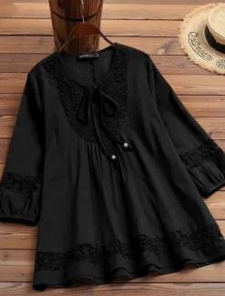 Sale Women's Cotton Linen Shirts Solid Color Stylish Casual 3/4 Length Sleeve V Neck Regular Tops Daily Lace Patchwork Black White Wine Navy Blue Summer Spring Women Shirts