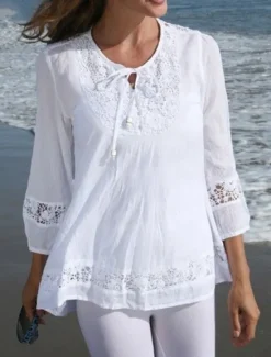Sale Women's Cotton Linen Shirts Solid Color Stylish Casual 3/4 Length Sleeve V Neck Regular Tops Daily Lace Patchwork Black White Wine Navy Blue Summer Spring Women Shirts
