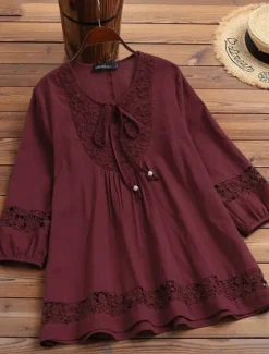 Sale Women's Cotton Linen Shirts Solid Color Stylish Casual 3/4 Length Sleeve V Neck Regular Tops Daily Lace Patchwork Black White Wine Navy Blue Summer Spring Women Shirts