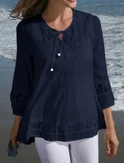 Sale Women's Cotton Linen Shirts Solid Color Stylish Casual 3/4 Length Sleeve V Neck Regular Tops Daily Lace Patchwork Black White Wine Navy Blue Summer Spring Women Shirts