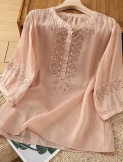 Discount Women's Cotton Linen Shirts Solid Color Basic Casual 3/4 Length Sleeve Crew Neck Regular Tops Daily Embroidered Buttons Pink Blue Apricot Summer Women Shirts