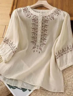 Discount Women's Cotton Linen Shirts Solid Color Basic Casual 3/4 Length Sleeve Crew Neck Regular Tops Daily Embroidered Buttons Pink Blue Apricot Summer Women Shirts