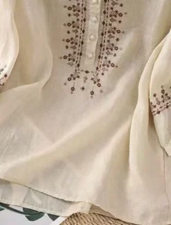 Discount Women's Cotton Linen Shirts Solid Color Basic Casual 3/4 Length Sleeve Crew Neck Regular Tops Daily Embroidered Buttons Pink Blue Apricot Summer Women Shirts