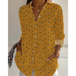 Sale Women's Cotton Linen Shirts Floral Daily Casual Long Sleeve Shirt Collar Regular Tops Daily Holiday Buttons Print Yellow Red Navy Blue Summer Women Shirts