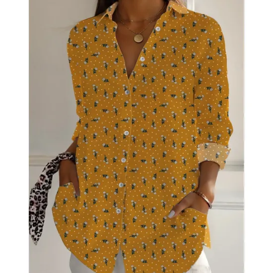 Sale Women's Cotton Linen Shirts Floral Daily Casual Long Sleeve Shirt Collar Regular Tops Daily Holiday Buttons Print Yellow Red Navy Blue Summer Women Shirts
