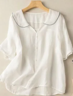 Hot Women's Cotton Linen Shirts Solid Color Basic Casual Short Sleeve Shirt Collar Regular Tops Daily Buttons White Pink Blue Orange Green Summer Spring Women Shirts
