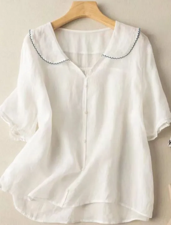 Hot Women's Cotton Linen Shirts Solid Color Basic Casual Short Sleeve Shirt Collar Regular Tops Daily Buttons White Pink Blue Orange Green Summer Spring Women Shirts