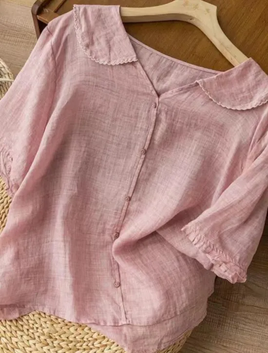 Hot Women's Cotton Linen Shirts Solid Color Basic Casual Short Sleeve Shirt Collar Regular Tops Daily Buttons White Pink Blue Orange Green Summer Spring Women Shirts