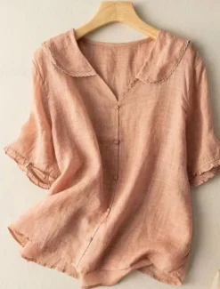 Hot Women's Cotton Linen Shirts Solid Color Basic Casual Short Sleeve Shirt Collar Regular Tops Daily Buttons White Pink Blue Orange Green Summer Spring Women Shirts