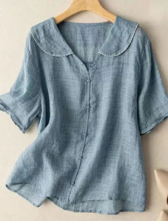 Hot Women's Cotton Linen Shirts Solid Color Basic Casual Short Sleeve Shirt Collar Regular Tops Daily Buttons White Pink Blue Orange Green Summer Spring Women Shirts