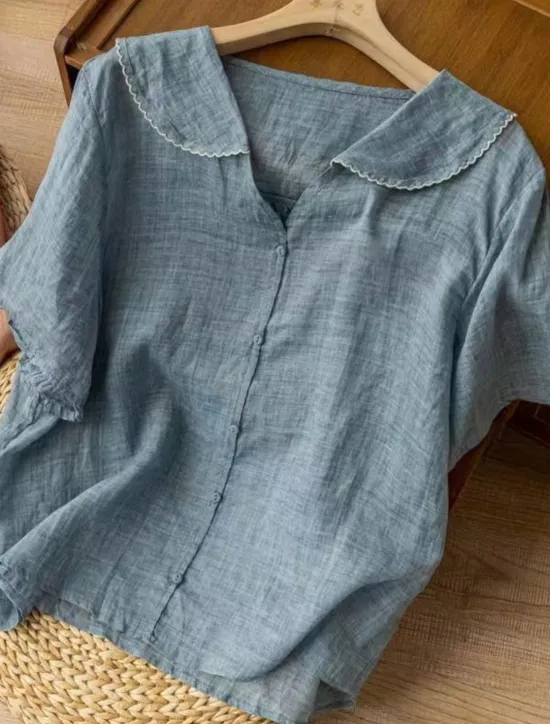 Hot Women's Cotton Linen Shirts Solid Color Basic Casual Short Sleeve Shirt Collar Regular Tops Daily Buttons White Pink Blue Orange Green Summer Spring Women Shirts