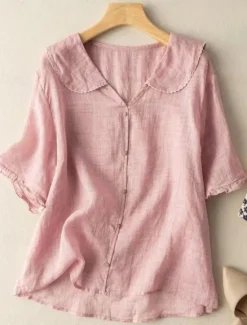 Hot Women's Cotton Linen Shirts Solid Color Basic Casual Short Sleeve Shirt Collar Regular Tops Daily Buttons White Pink Blue Orange Green Summer Spring Women Shirts