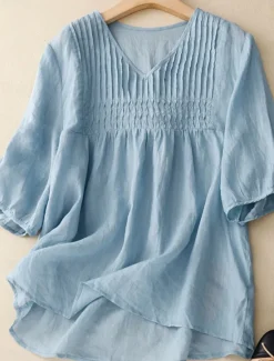 Online Women's Cotton Linen Shirts Solid Color Basic Casual Half Sleeve V Neck Regular Tops Daily White Pink Blue Purple Summer Women Shirts