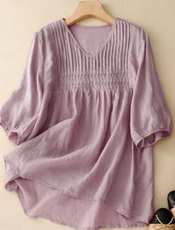 Online Women's Cotton Linen Shirts Solid Color Basic Casual Half Sleeve V Neck Regular Tops Daily White Pink Blue Purple Summer Women Shirts