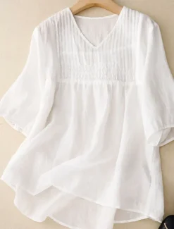 Online Women's Cotton Linen Shirts Solid Color Basic Casual Half Sleeve V Neck Regular Tops Daily White Pink Blue Purple Summer Women Shirts