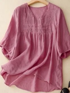 Online Women's Cotton Linen Shirts Solid Color Basic Casual Half Sleeve V Neck Regular Tops Daily White Pink Blue Purple Summer Women Shirts
