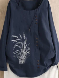 New Women's Cotton Linen Shirts Floral Basic Casual Long Sleeve Crew Neck Regular Tops Daily Embroidered Buttons Navy Blue Green Light Blue Summer Fall Women Shirts