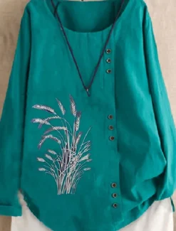 New Women's Cotton Linen Shirts Floral Basic Casual Long Sleeve Crew Neck Regular Tops Daily Embroidered Buttons Navy Blue Green Light Blue Summer Fall Women Shirts