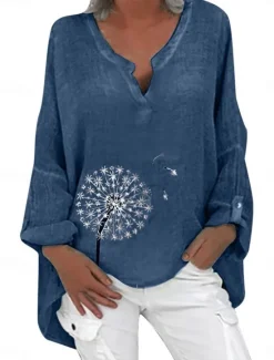 New Women's Cotton Linen Shirts Floral Basic Casual Long Sleeve Shirt Collar Regular Tops Daily Print Pink Navy Blue Fuchsia Green Summer Fall Women Shirts