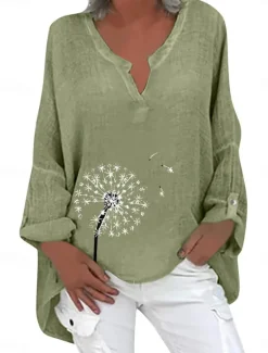 New Women's Cotton Linen Shirts Floral Basic Casual Long Sleeve Shirt Collar Regular Tops Daily Print Pink Navy Blue Fuchsia Green Summer Fall Women Shirts