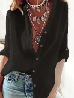 Women's Cotton Linen Shirts Tunic Button Up Long Cotton Top Plain Daily Basic Casual Long Sleeve Standing Collar Long Tops Work Casual Daily Black White Red Blue Fall & Winter Women Shirts|Tunic Tops