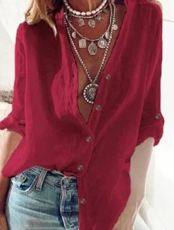 Women's Cotton Linen Shirts Tunic Button Up Long Cotton Top Plain Daily Basic Casual Long Sleeve Standing Collar Long Tops Work Casual Daily Black White Red Blue Fall & Winter Women Shirts|Tunic Tops