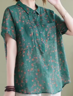 Hot Women's Cotton Linen Shirts Floral Basic Casual Short Sleeve Shirt Collar Regular Tops Daily Buttons Print Blue Green Summer Women Shirts