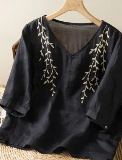 Clearance Women's Cotton Linen Shirt Floral Basic Ethnic Casual 3/4 Length Sleeve V Neck Regular Tops Daily Embroidered Yellow Navy Blue Purple Orange Apricot Summer Women Shirts