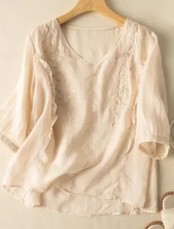 Clearance Women's Cotton Linen Shirt Floral Basic Ethnic Casual 3/4 Length Sleeve V Neck Regular Tops Daily Embroidered Yellow Navy Blue Purple Orange Apricot Summer Women Shirts