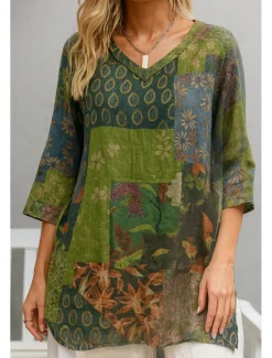 Outlet Women's Cotton Linen Shirts Floral Graphic Bohemia Stylish Basic 3/4 Length Sleeve V Neck Regular Tops Daily Print Red Green Summer Spring Women Shirts